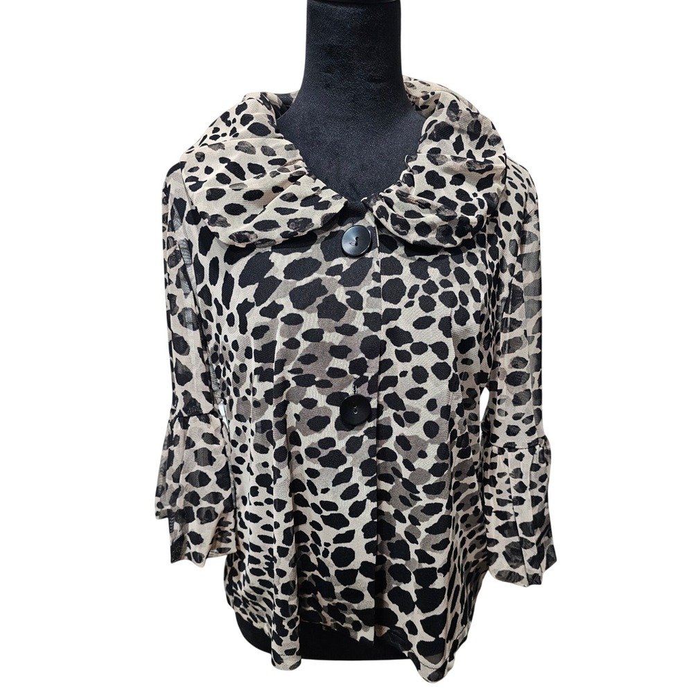 Damee Blouse Top Women Large Gray Leopard Mesh Ruffle Collar‎ Balloon Hem Sleeve - Picture 2 of 10